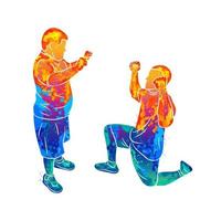 Abstract trainer helps a boy with down syndrome from splash of watercolors. Special needs. Vector illustration of paints