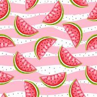 Sweet watermelon on stripes background with black seed. Summer seamless pattern. Bright print for fabric. vector