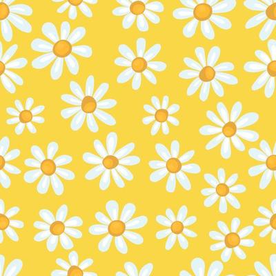 Seamless spring pattern with simple chamomile on yellow background. Print for fabric and wrapping paper.