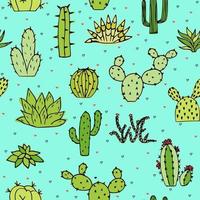 Ilustración de garabatos de cactus y suculentas sin fisuras. Se pueden utilizar elementos de diseño y tela. patrón de juventud brillante con corazón. vector