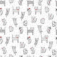 Seamless funny pattern with doodle cats. Cute kitten illustration in sketch style. Cartoon animals background. Doodle cats. Print for fabric, wallpaper, wrapping paper, textile, bedding, t-shirt print. vector