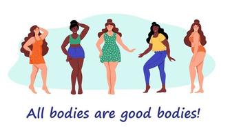 Set of curvy women. Plus size girls. The concept of body positivity, self-love. Love your body. Flat cartoon vector illustration.