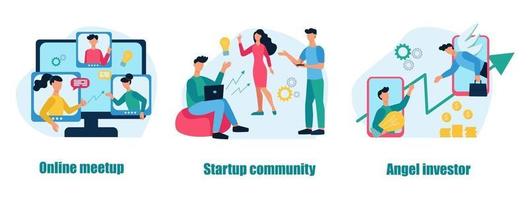 A set of business concepts and metaphors. Online meetup, Startup community, Angel investor. Teamwork, business development. Flat cartoon vector illustration.