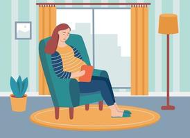 A young pregnant woman sits in a chair and holds a tablet in her hands. The concept of everyday activities and daily life. Flat cartoon vector illustration.