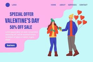 Oferta especial plantilla de vector de página de destino del día de San Valentín. pareja amorosa en ropa de invierno con globos intercambia regalos. Celebre el banner web tradicional del evento de invierno. ilustración vectorial plana