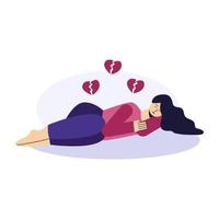 Sad woman lying on the ground. A woman crying. Upset girl looking down. Depression psychology concept. Flat character vector illustration.