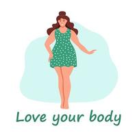 mujer con curvas. chica de talla grande. el concepto de positividad corporal, amor propio. amo tu cuerpo. ilustración vectorial de dibujos animados plana. vector