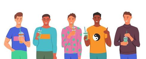 A set of characters. Young men drink smoothies, fresh juice, a cocktail. The concept of proper nutrition, healthy lifestyle. Flat cartoon illustration. vector