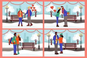 colocar. pareja intercambia regalos y se besa en un parque de invierno. un hombre y una mujer jóvenes celebran el día de san valentín. ilustración vectorial plana. vector