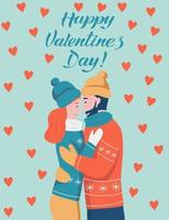 Valentine's day lettering card. Couple in love hugging. A man with a red beard and a woman with dark hair laugh and look at each other. Flat vector illustration.