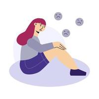 Sad young woman sitting on the ground. A woman crying. Upset girl looking down. Depression psychology concept. Flat character vector illustration.