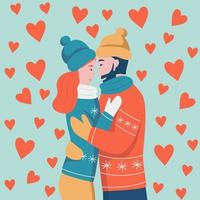 Valentine's day card. Couple in love hugging. A man with a red beard and a woman with dark hair laugh and look at each other. Flat vector illustration.