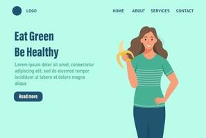 A woman eats a banana landing page. The concept of proper nutrition and a healthy lifestyle. Website homepage landing web page template.Vector illustration vector