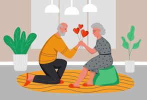 An elderly man gives an elderly woman balloons hearts. Seniors celebrate Valentine's day at home. Flat cartoon vector illustration.