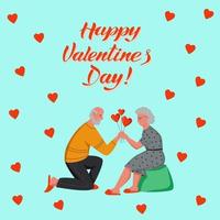 Valentine's day greeting card. Lettering happy Valentine's day. Pensioners celebrate and give gifts at home. Flat cartoon vector illustration