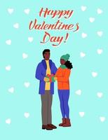 Greeting card for Valentine's day. The couple exchange gifts. Lettering happy Valentine's day. Flat vector illustration.