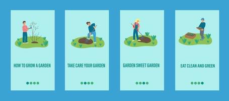 Garden work mobile app template. People are engaged in gardening, planting trees and plants. Flat vector illustration.