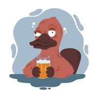 Drunk platypus with a glass of beer. Funny duckbill in the pub. Australian wildlife. Vector cartoon illustration isolated on white background.