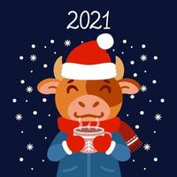 The bull with a cup of tea in winter wear. Ox with a cocoa standing in snow. The symbol of the Chinese New Year 2021. Greeting card with a mouse for the New Year and Christmas. vector