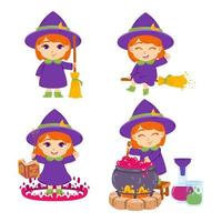 Cute little redhead witch with broom, hat, book of spells, magic wand and pot. The sorceress is brewing potions. Set of elements for Halloween. Vector illustration isolated on white background.