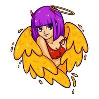 Beautiful woman with wings, horns and nimbus. Angel and demon, good and evil. Attractive succubus in a tank top. Colorful modern vector illustration for clothing prints, tattoo designs, greeting cards.
