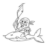 Crazy pirate penguin cuts a shark with a cleaver. Cook on the ship cooking fish. Funny bird vector illustration isolated on white background in doodle style. Picture for coloring page.