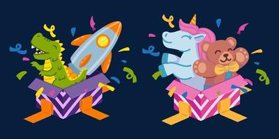 Cajas regalo abiertas para niño con dinosaurio y cohete espacial y para niña con unicornio y osito de peluche. conjunto de elementos para una tarjeta de felicitación de feliz cumpleaños y para una invitación a una fiesta. ilustración vectorial. vector