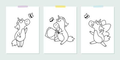 Vector set with cute unicorns with butterfly in the childish style. Vector illustration for coloring book. Outline black and white picture for children.