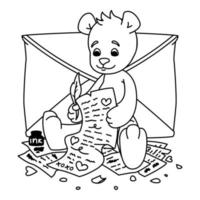 Teddy bear writes a love letter. Valentines day greeting card with hearts and envelope. Print for kids coloring book. Vector outline illustration isolated on white background.