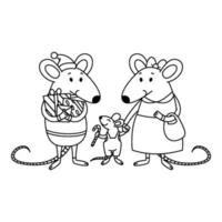 Christmas rat family. Dad with gifts, mom holds a child by the hand, a little boy with candy cane. Happy Chinese New year mice. Vector outline illustration for coloring page.