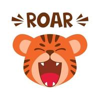 Flat cute tiger open mouth roar. Trendy Scandinavian style. Cartoon animal character vector illustration isolated on background. Print for kids apparel, nursery decoration, poster, funny avatars.