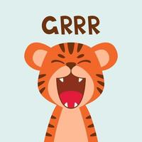 Flat cute tiger open mouth roar. Trendy Scandinavian style. Cartoon animal character vector illustration isolated on background. Print for kids apparel, nursery decoration, poster, funny avatars.