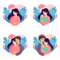 Pregnancy and parenthood concept vector illustrations. Set of scenes with pregnant woman, mother holding newborn, future parents are expecting baby, mother and father holding their newborn baby.