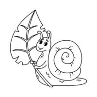 Snail holding a leaf. Vector cute illustration isolated on white background. Kids illustration of lovely slugs with shell. Outline illustration for coloring page.