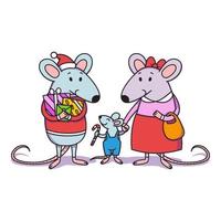 Christmas rat family. Dad with gifts, mom holds a child by the hand, a little boy with candy cane. Happy Chinese New year mice. Vector illustration for print, poster, calendar, card, souvenirs.