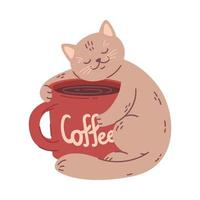 Cat hugs a big coffee cup. Vector illustration for coffee houses. Isolated on white background. Can be used for menu, logo or flyer, greeting card, design t-shirt, print or poster.