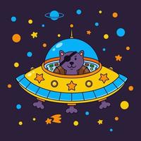 Alien cat pirate in a spaceship in a star galaxy. Cute cosmonaut cat in outer space. Vector illustration on the space theme in childish style.