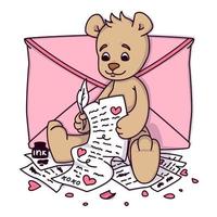 Teddy bear writes a love letter. Valentines day greeting card with hearts and envelope. Print for kids invitations, greetings postcard. Vector illustration isolated on white background.