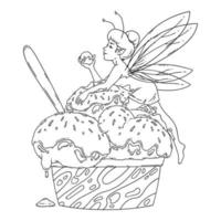 Beautiful fairy lies on balls of ice cream. Outline black and white art. Food art, summer refreshing concept, traditional seasonal cold sweets. Coloring page. Fairytale vector illustration.