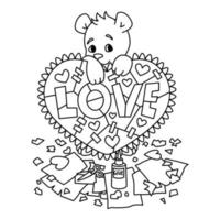 Valentines day greeting card with teddy bear with scrapbook heart. 14 february greeting card with hearts. Vector illustration isolated on white background. Print for coloring page.