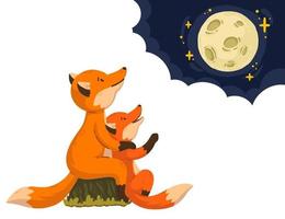 Two foxes are looking at the moon in the clouds. Cartoon forest animals parent with baby. Mother's Day and Father's Day card. Vector illustration isolated on white background. Art for children book.