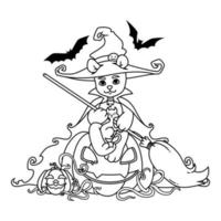 Teddy bear in a witch hat and mantle with a broom in his hands sits on a Halloween pumpkin with black cat and bats. Vector illustration isolated on white background. Print for coloring book and page.