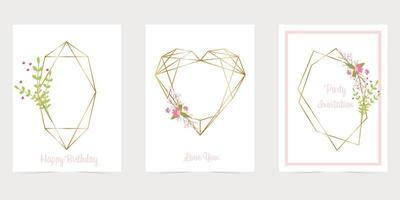 Gold polygonal frame with golden glitter triangles flowers vector