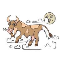 Cow resting on the clouds and looking at the moon. Relax and dreaming. Funny, humor, cartoon animal illustration. vector