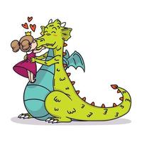Little princess kisses a dragon in the nose. Fairy tale children illustration. Happy Valentine's day Card. vector