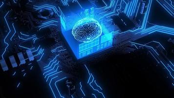 leuchtend blaue menschliche Gehirnschaltung auf Mikrochip auf Computer-Motherboard
