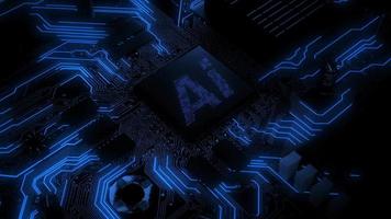 Drehen Sie die blau leuchtende Ai-Schaltung auf dem Mikrochip auf dem Computer-Motherboard