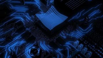 Onde de mouvement du processeur informatique avec intelligence artificielle et transfert bleu brillant de données volumineuses dans le développement scientifique