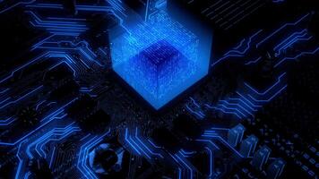 CPU del computer con intelligenza artificiale e trasferimento blu brillante di big data nello sviluppo della scienza video