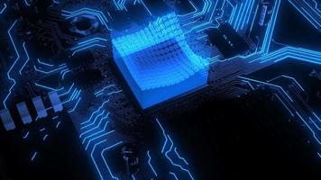 Onde de mouvement du processeur informatique avec intelligence artificielle et transfert bleu brillant de données volumineuses dans le développement scientifique